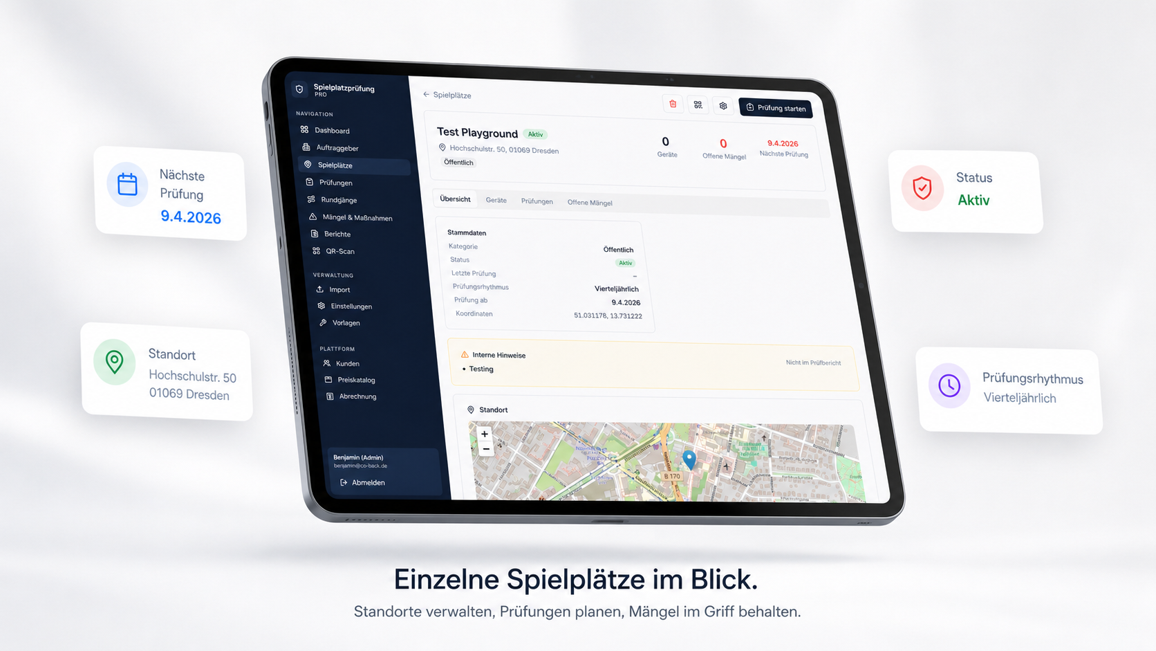 Detailansicht eines Spielplatzes mit Stammdaten, Status, Prüfrhythmus und Karte
