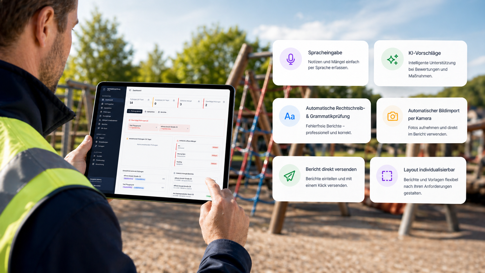 Spielplatzprüfung Pro auf dem Tablet mit Spracheingabe, KI-Vorschlägen, Bildimport und PDF-Versand